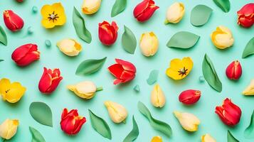 Colorful Tulips and Leaves on Soft Mint Background for Spring Decor photo