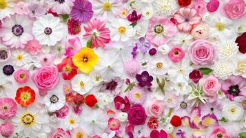 Colorful Flower Arrangement with Various Blooming Plants and Petals photo