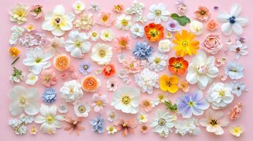 Diverse Collection of Colorful Fresh Flowers on Soft Pink Background photo