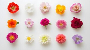 Vibrant Array of Colorful Floral Blooms on White Background photo