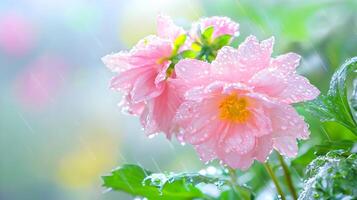 Pink Flowers with Water Droplets Under Soft Rainy Background Light photo