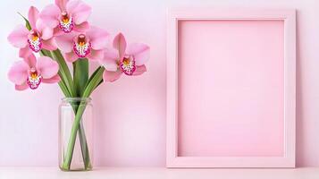 Pink Orchid Bouquet in Jar Next to Empty Pink Frame on Wall photo