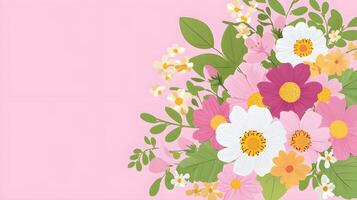 Colorful floral arrangement on soft pink background with greenery photo