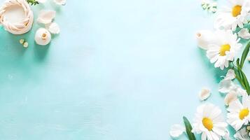 Fresh White Daisies and Petals on Soft Blue Background for Floral Design photo