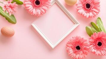 Delicate Pink Gerbera Flowers and Decorative Frame on Soft Background photo