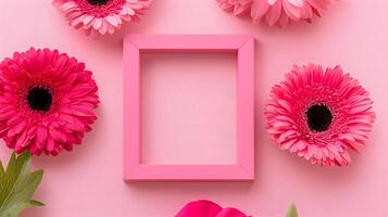 Pink Floral Arrangement with Empty Frame on Soft Pink Background photo