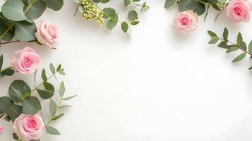 Delicate Pink Roses and Green Eucalyptus on Soft White Background photo