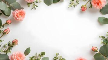 Floral Frame with Pink Roses and Greenery on White Background photo