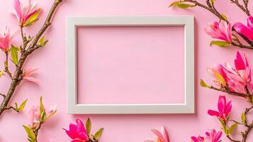 Elegant Floral Frame with Pink Background and Spring Blossom Accents photo