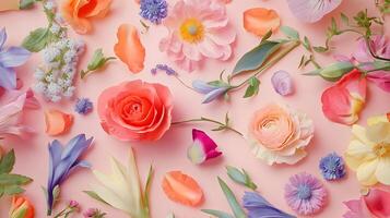 Colorful Floral Arrangement on Soft Pink Background for Spring Designs photo