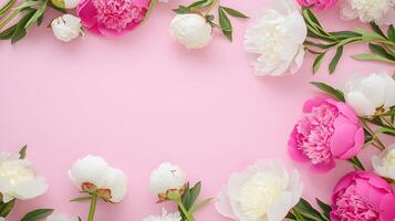 Beautiful Floral Arrangement with Peonies on Soft Pink Background photo