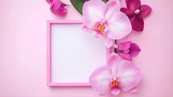 Pink Orchid Flowers with Empty Frame on Soft Pink Background photo