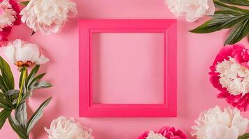 Pink Frame Surrounded by Beautiful Peonies on a Soft Pink Background photo