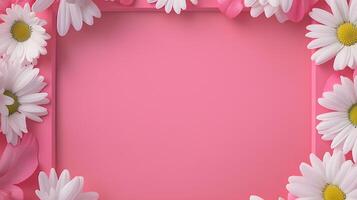 Pink Background Surrounded by White Daisies and Petals for Design photo