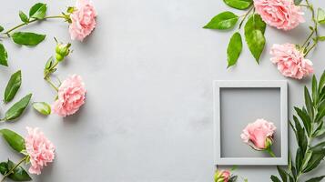 Soft Pink Roses with Green Leaves on Light Gray Background photo