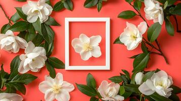 White Flower Decoratively Arranged on Coral Background with Frame photo