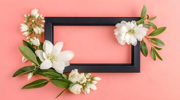 Elegant Floral Frame with White Blooms on Soft Pink Background photo
