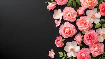 Beautiful Arrangement of Pink Roses and Flowers on Black Background photo