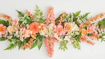 Vibrant Floral Arrangement with Pink and Orange Blooms on White Backdrop photo