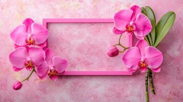 Beautiful Pink Orchids Around a Pink Frame on Soft Background photo