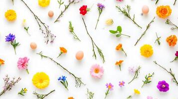 Colorful Spring Flower and Egg Composition on White Background photo