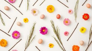 Colorful Floral Pattern with Eggs and Twigs on White Background photo