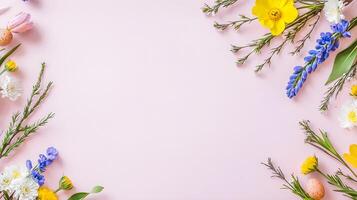 Colorful Floral Arrangement with Eggs on Pink Background photo
