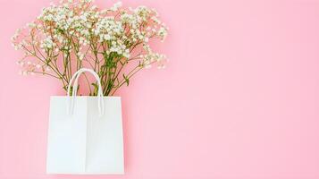 White Shopping Bag with Delicate White Flowers on Pink Background photo