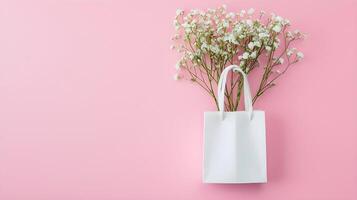 White Bag with Delicate White Flowers on Soft Pink Background photo