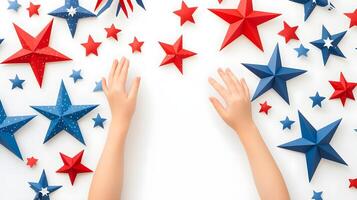 Creative Hands Reaching Out to Colorful Stars in Red White Blue photo