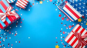 Colorful Gift Boxes with Stars and Confetti on Blue Background photo
