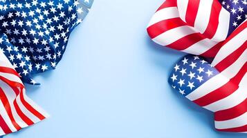 American Flags with Stars and Stripes on Light Blue Background photo