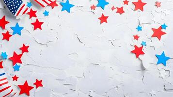 Festive Red Blue Stars and Flag Decorations on Textured White Background photo