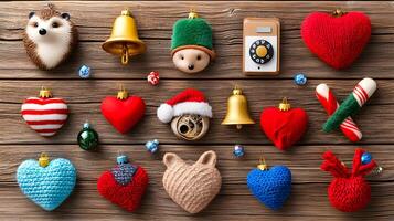 Colorful and Cozy Christmas Ornaments on Rustic Wooden Table photo