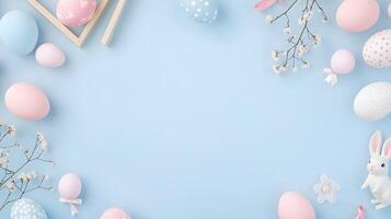 Colorful Spring Easter Decor with Eggs and Branches on Blue Background photo