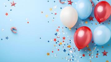 Colorful Balloons and Confetti on Blue Background for Celebration photo