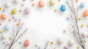 Easter Celebration with Colorful Eggs and Spring Decor Elements photo