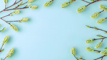 Fresh Green Buds on Branches with Light Blue Background Design