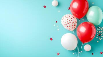 Colorful Balloons with Stars and Confetti on a Bright Blue Background photo