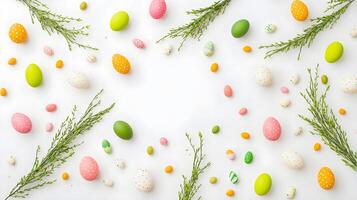 Colorful Easter Eggs with Green Branches on White Background photo