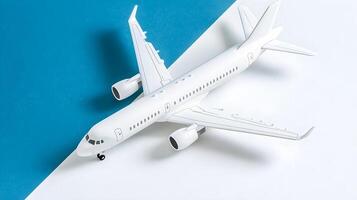 White Airplane Model on Colorful Background for Travel Concept photo