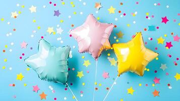 Colorful Star Balloons with Confetti on a Bright Blue Background photo
