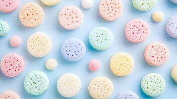 Colorful Round Sponges on Blue Background for Cleaning and Crafting photo