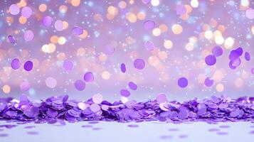 Purple Confetti Falling on Soft Background with Blurry Bokeh Lights photo