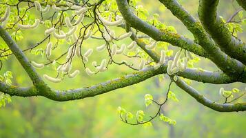 Delicate Tree Branches with Fresh Green Leaves and Blossoms photo