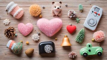 Colorful Arrangement of Festive Decorations and Elements on Wood photo