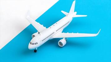 White Airplane Model on Blue Surface with Minimalist Background photo