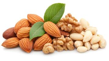 Assorted Nuts with Fresh Green Leaves on a Clean White Background photo