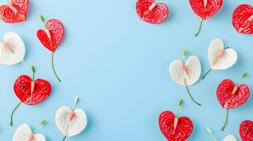 Colorful Heart-Shaped Flowers Arrangement on Light Blue Background photo