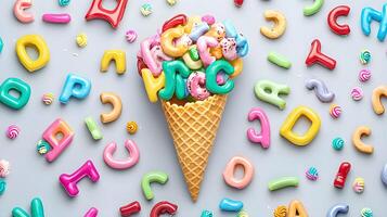 Colorful Ice Cream Cone Surrounded by Playful Letters and Candies photo